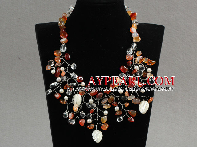 Fashion Assorted Sötvatten Pearl Crystal Shell och Agate Wired Crochet Flower Party halsband