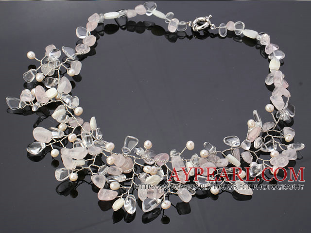 Modă asortate de apă dulce Pearl Crystal Shell și Rose cuarț prin cablu croșetat flori Partidul colier
