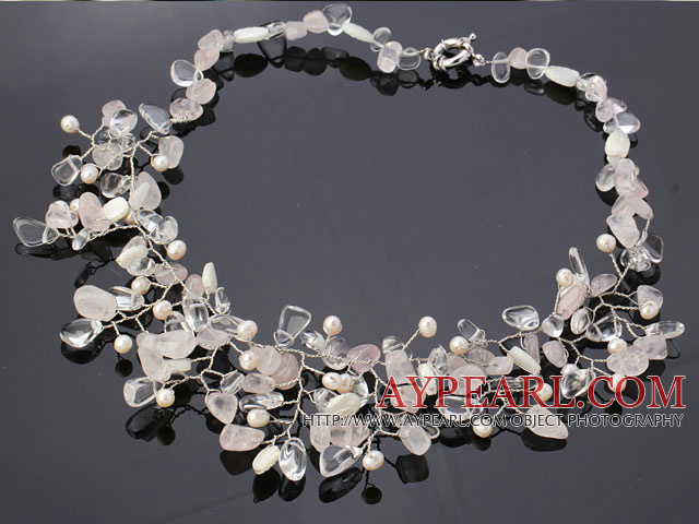 Fashion Assorted Freshwater Pearl Crystal Shell And Rose Quartz Wired Crochet Flower Party Necklace