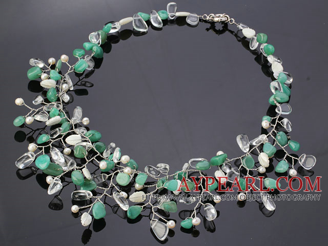 Fashion Assorted Freshwater Pearl Aventurine And Shell Wired Crochet Flower Party Necklace