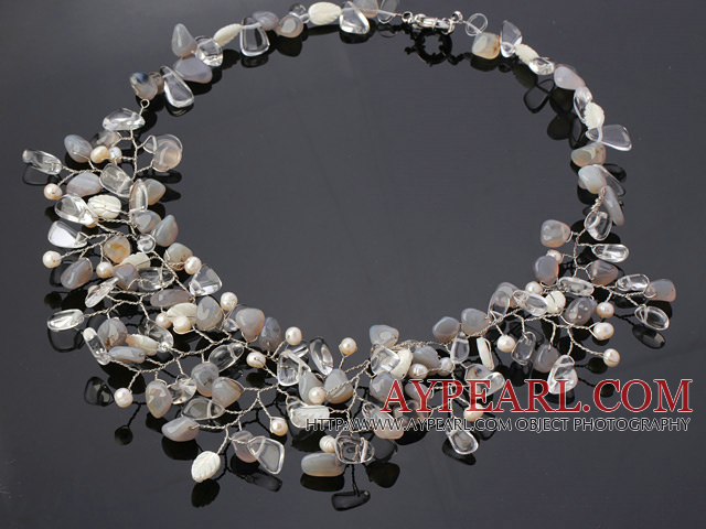 Charming Assorted White Freshwater Pearl Crystal And Gray Agate Wired Crochet Flower Party Necklace