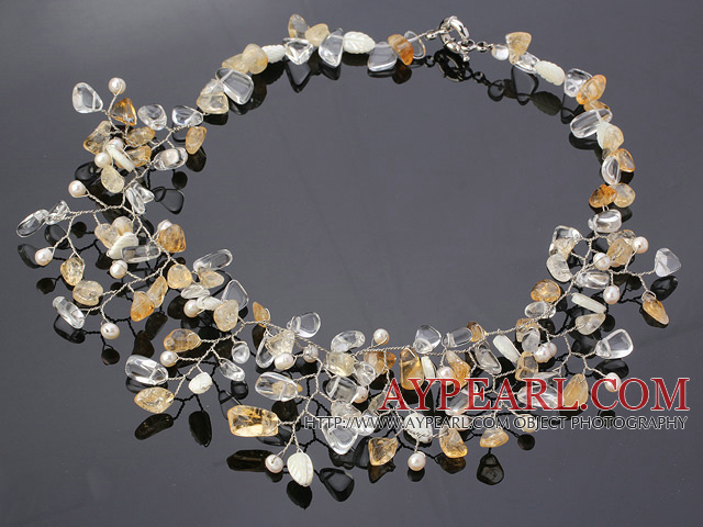 Charming Assorted Freshwater Pearl Citrine White Crystal And Shell Wired Crochet Flower Party Necklace
