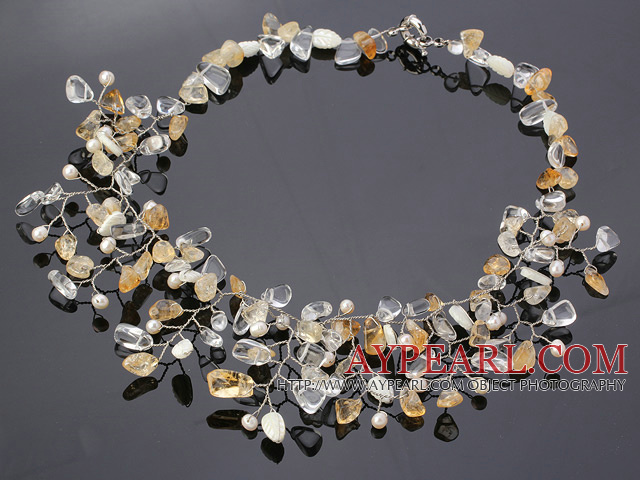 Charmig Assorted Sötvatten Pearl Citrin White Crystal och Shell Wired Crochet Flower Party halsband