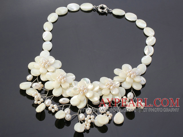 Elegant Layer White Lip Shell And Pearl Flower Wired Crochet Party Necklace