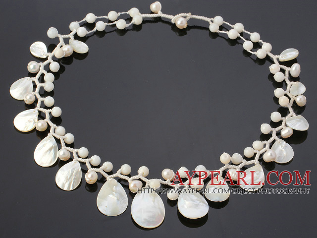 Fantastic 6-7mm White Freshwater Pearl And Fan Shape White Shell Hand-Knotted Branch Necklace