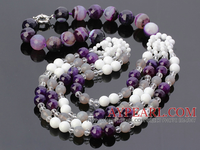 Fashion Multilayer Round Faceted Amethyst Gray Agate And White Porcelain Shell Beads Necklace