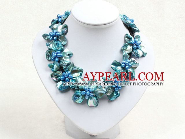 Beautiful Blue Series 9 Pearl Shell Flowers Leather Necklace