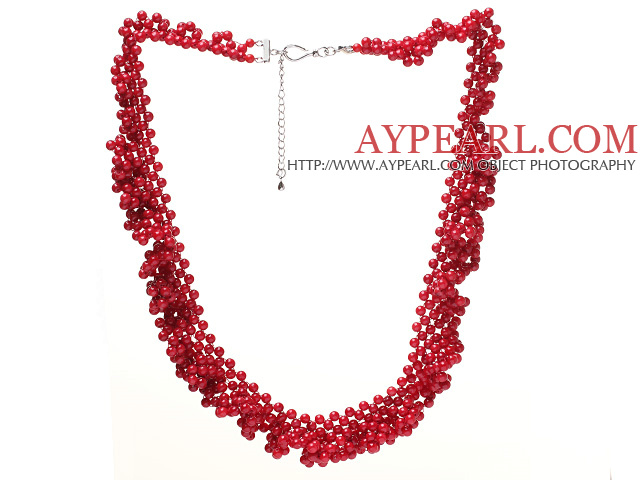 Fashion Multilayer Twisted Cluster Style Round Red Coral Beaded Necklace With Extendable Chain Clasp