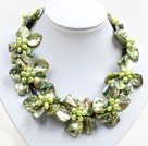 Beautiful Green Series 9 Pearl Shell Flowers Leather Necklace