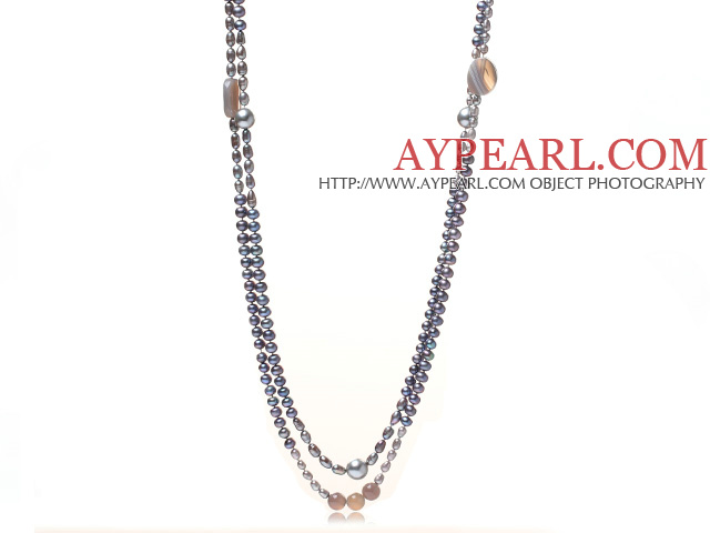 Fashion Long Design Double Strand Svart og grå ferskvannsperle og Gray Agate perler halskjede , genser halskjede