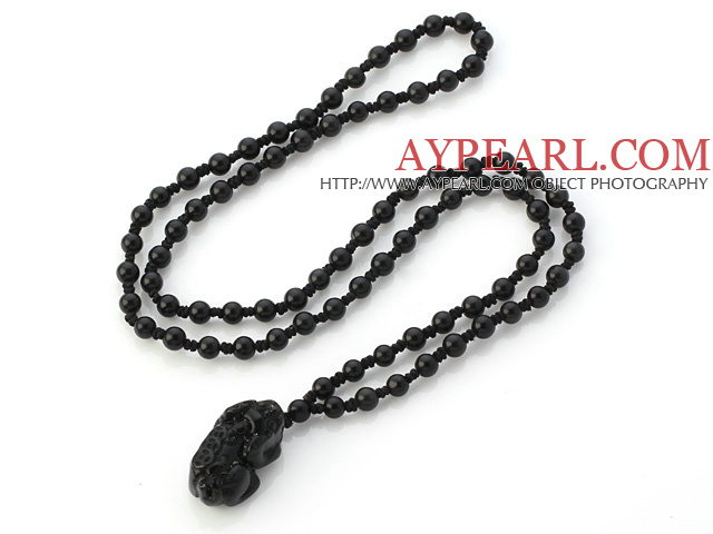Мода Одноместный Strand 6mm Круглый Obsidian ручной завязанная ожерелье с Pi Xiu животного кулон