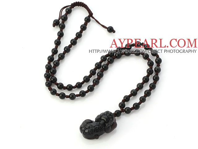 Fashion 6mm Round Obsidian Hand-Knotted Necklace With Pi Xiu Animal Pendant And Adjustable Brown Threads