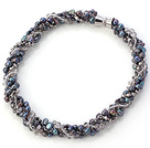 Elegant Multi Strands Twisted Black Freshwater Pearl And Gray Crystal Necklace With Magnetic Clasp