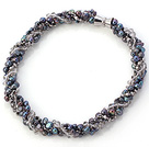 Elegant Multi Strands Twisted Svart Freshwater Pearl och grå kristall halsband med magnetlås