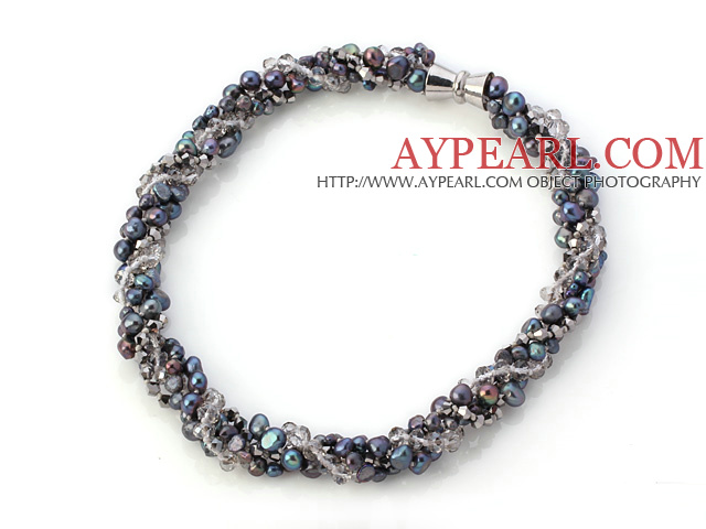 Elegant Multi Strands Twisted Black Freshwater Pearl And Gray Crystal Necklace With Magnetic Clasp