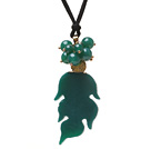 Fashion Round Cluster Green Agate And Golden Wired Wrap Leaf Pendant Necklace With Black Soft Cord