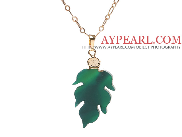 Fashion Golden Wired Wrap Leaf Agate Pendant Necklace With Matched Golden Loop Chain