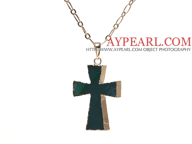 Fashion Golden Wired Wrap Cross Agate Pendant Necklace With Matched Golden Loop Chain
