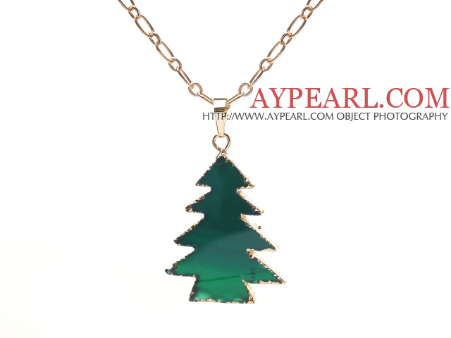 Fashion Wired Wrap Golden Pine Tree Shape Agate Pendant Necklace With Matched Golden Loop Chain