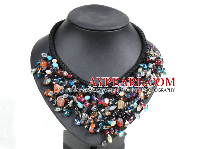 Marvelous Statement Multi Color Crystal Agate Beads Hand-Knitted Bib Necklace