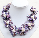 Beautiful Purple Series 9 Natural White Pearl Shell Flowers Leather Necklace