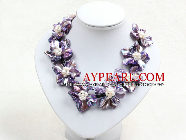 Красивый фиолетовый серии 9 Природные белый жемчуг оболочки Цветы кожа ожерелье