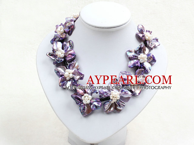 Beautiful Purple Series 9 Natural White Pearl Shell Flowers Leather Necklace