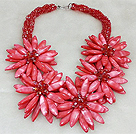 Fashion High Quality Multi Strands Twisted Red Crystal And Red Shell Flower Party Necklace