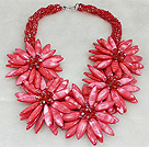 Mode Hög kvalitet Multi Strands Twisted Red Crystal och Red Shell Flower Party halsband