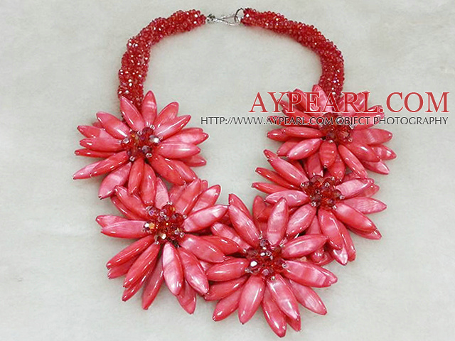 Fashion High Quality Multi Strands Twisted Red Crystal And Red Shell Flower part halskjede