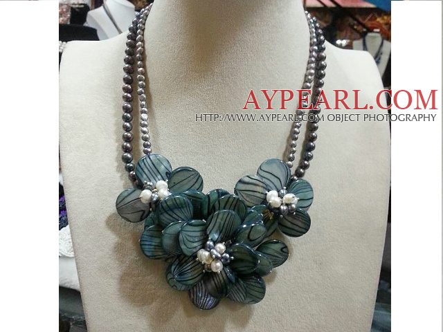 Beautiful Natural Double Strands Grey Freshwater Pearl And Shell Flower Party Necklace