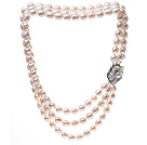 Fashion Three Strands 9-10mm Natural White Rice Shape Freshwater Pearl Necklace With Shell Flower Clasp (No Box)