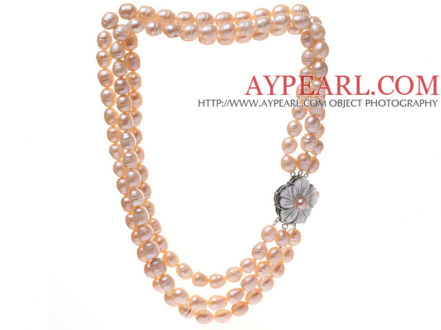 Fashion Three Strands 9-10mm Natural Pink Rice Shape Freshwater Pearl Necklace With Shell Flower Clasp (No Box)
