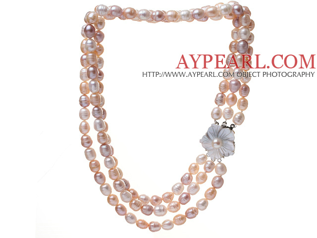 Mode trois brins 9-10mm blanc naturel rose et le pourpre riz Forme d'eau douce collier de perles avec fermoir fleur de Shell ( sans boîte)