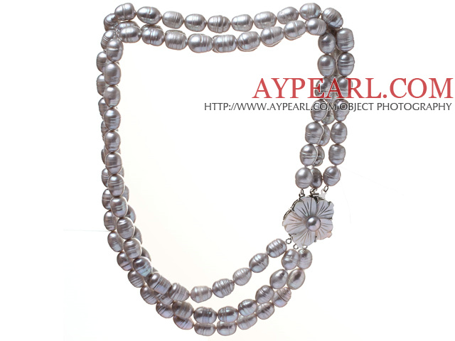 Fashion Three Strands 9-10mm Natural Gray Rice Shape Freshwater Pearl Necklace With Shell Flower Clasp (No Box)