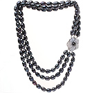 Mode trois brins 9-10mm naturel Riz Noir Forme d'eau douce collier de perles avec fermoir fleur de Shell ( sans boîte)