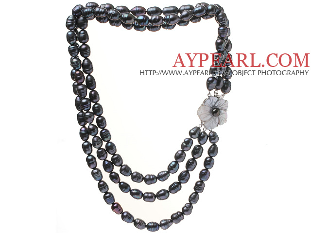 Fashion Three Strands 9-10mm Natural Black Rice Shape Freshwater Pearl Necklace With Shell Flower Clasp (No Box)