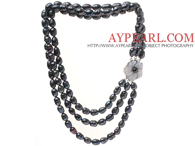 Mode trois brins 9-10mm naturel Riz Noir Forme d'eau douce collier de perles avec fermoir fleur de Shell ( sans boîte)