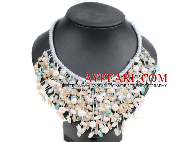 Declaratie de Marvelous roz Seria Natural alb de apă dulce Pearl Crystal Jade-Ca Hand-tricotate Bib colier