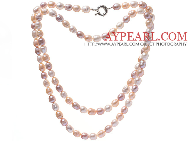 Fashion Long Design 9-10mm Natural Mixed White Pink And Purple Freshwater Pearl Necklace With Moonight Clasp