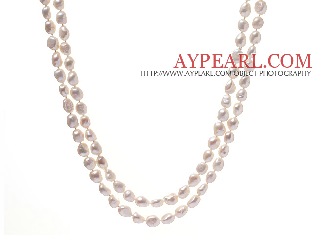 Fashion Long Design 10-11mm Natural White Baroque Freshwater Pearl Strand Necklace