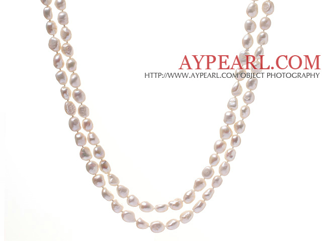 Mode Långa design 10 - 11mm Natural White Baroque Freshwater Pearl Strand Necklace