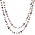 Fashion Long Design 9-10mm Natural White And Gray Baroque Freshwater Pearl Strand Necklace