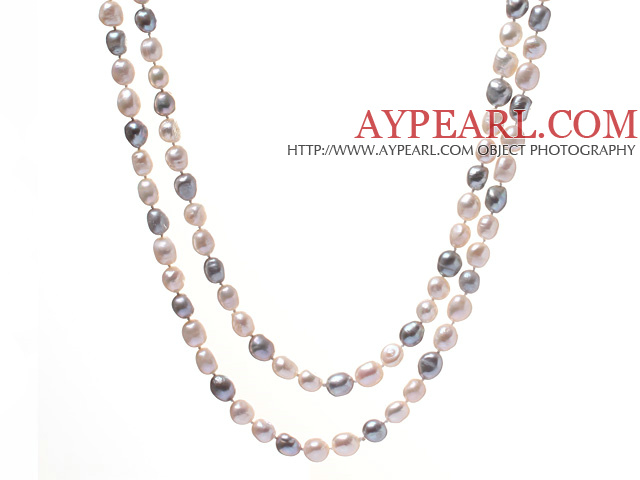 Fashion Long Design 9-10mm Natural White And Gray Baroque Freshwater Pearl Strand Necklace