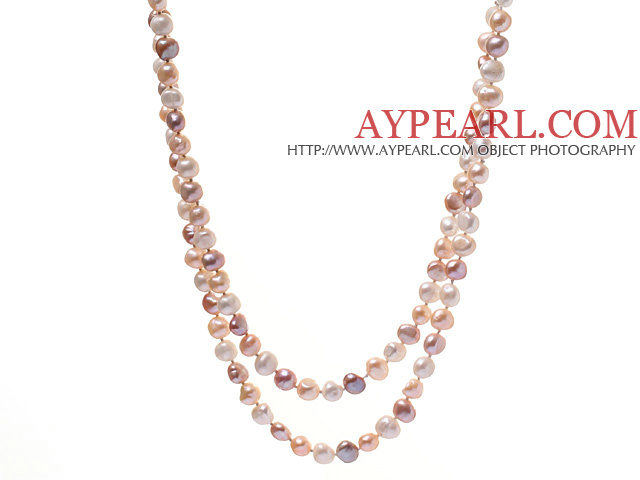 Classic 7-8mm Long Design Natural White Pink And Purple Freshwater Pearl Strand Necklace