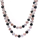 Classic Long Design 9 - 10mm Natural White Pink og svart ferskvann perle Strand Necklace