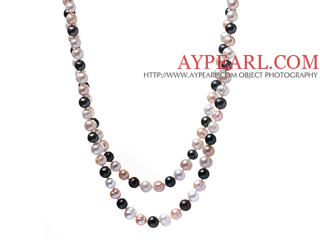Classic Lång design 9 - 10mm Natural White Rosa och svart sötvattenspärla Strand Necklace