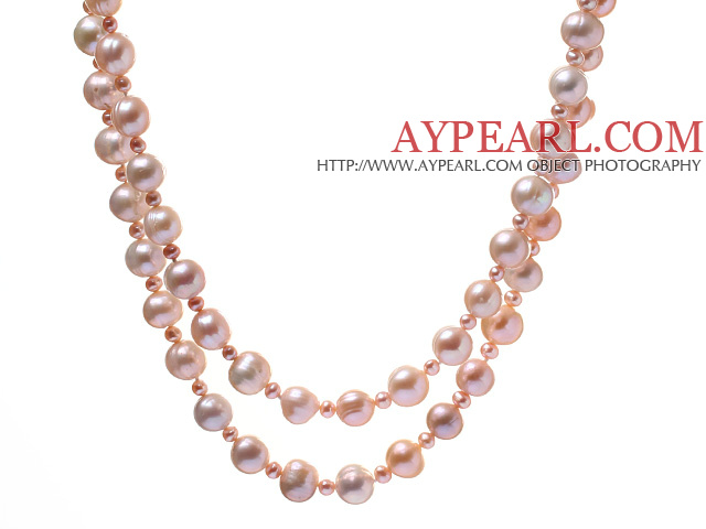 Fashion Long Design Mixed Size Natural Pink Freshwater Pearl Beaded Strand Necklace