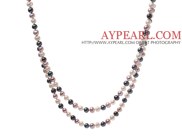 Elegant 6 - 7mm lang stil multi farge ferskvann perle Beaded Strand Necklace