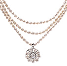 Elegant Three Strands 5-6mm Natural White Freshwater Pearl Beaded Necklace With Lovely Pearl Flower Pendant